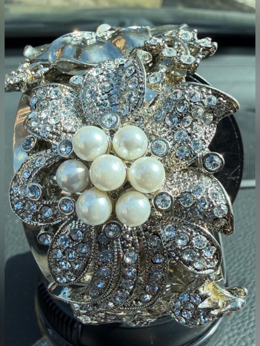Pearl & Crystal Flower Statement Bracelet - Silver Tone